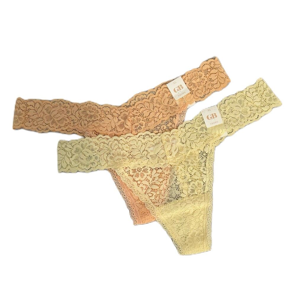 GB Thong Junior Women XL Orange Yellow Nylon Lace Pastel Set of 2 Intimates NWT
